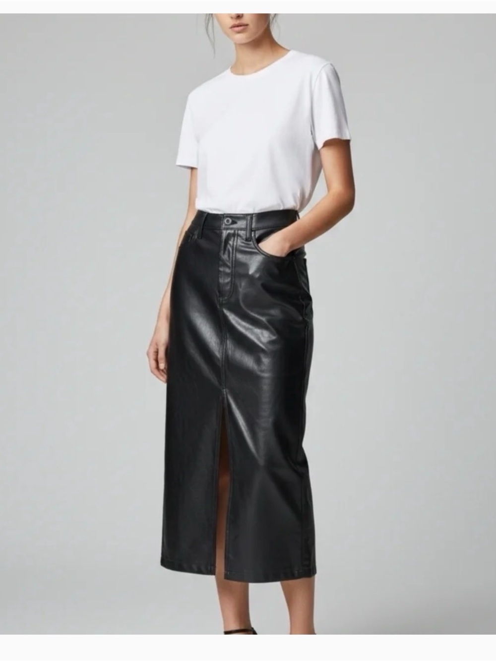 Zara Black Faux Leather Midi Pencil Skirt with Front Slit
